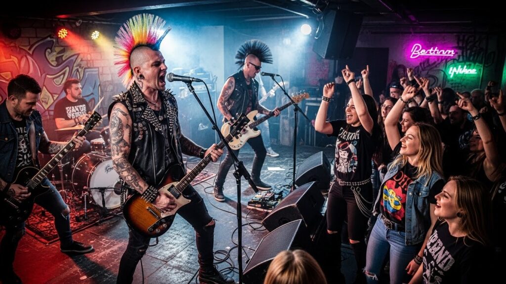 “A high-energy punk rock scene in a dimly lit underground music club. A band performs on stage with electric guitars, drums, and microphones. The lead singer has a colorful mohawk, leather jacket with studs, and tattoos. Audience is energetic, jumping and cheering, with edgy fashion: ripped jeans, band t-shirts, and piercings. Graffiti-covered walls, neon lights, smoke, and dynamic stage lighting create a gritty, rebellious atmosphere. Ultra-realistic 4K photography style with cinematic detail and dramatic contrast.”